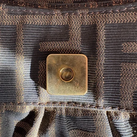 Fendi Chef Brown and Black Zucca Logo Shoulder Bag with Gold Charm